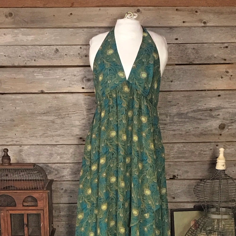 Liberty for Target Halter Maxi Dress, Blue and Green Peacock Feather Print,